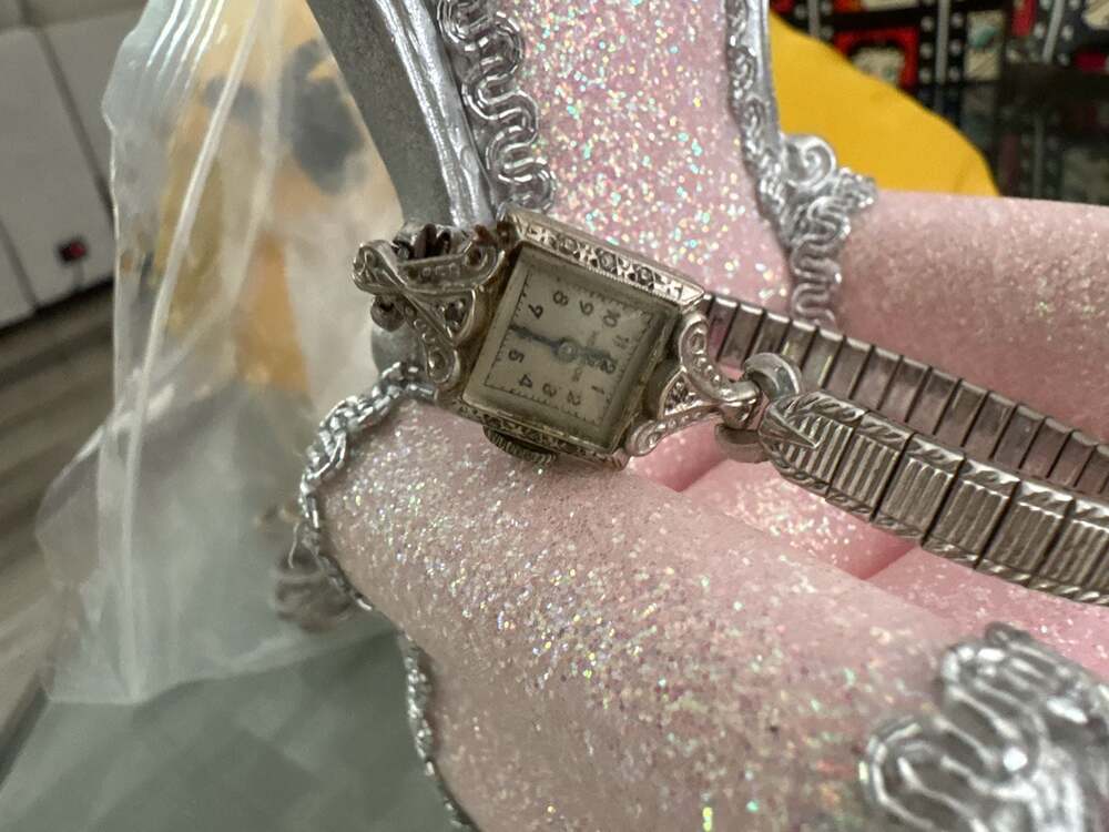 Vintage Helros 14K White Gold Ladies Square Face Watch with Expansion Band